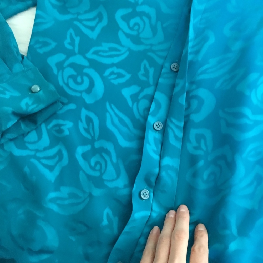 Vintage Turquoise Floral 100% Pure Silk Long Sleeve Top Size 4 - Picture 5 of 9